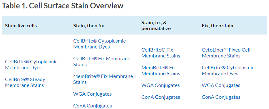 Table 1. Cell Surface Stain Overview